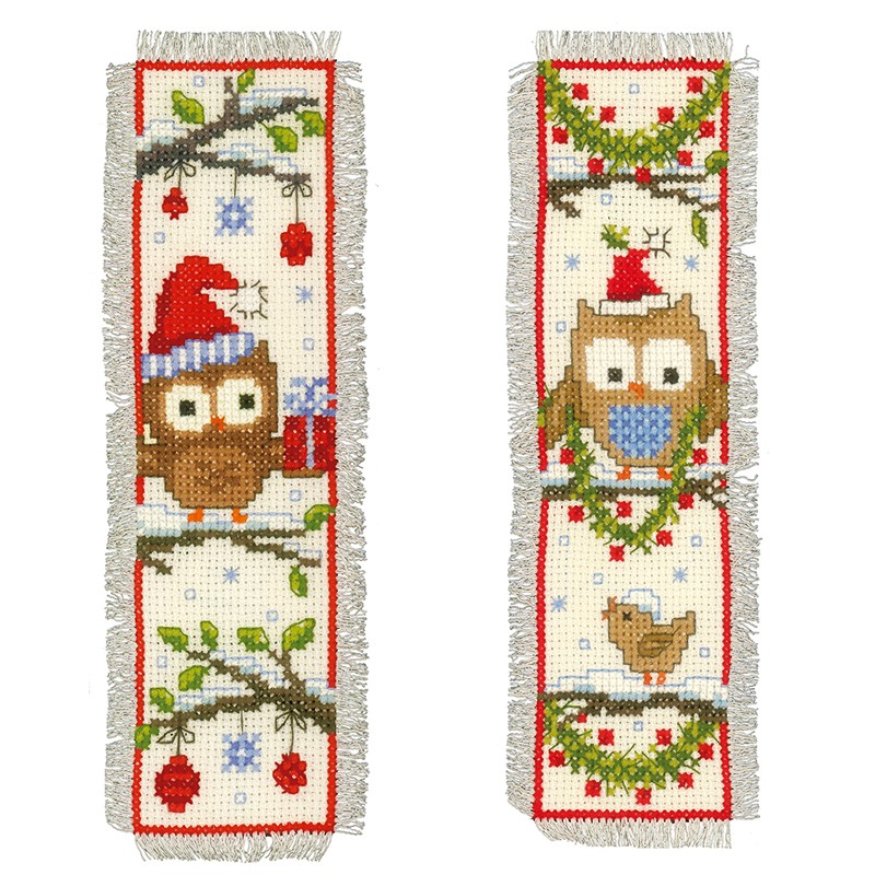 Owls In Santa Hats: Set of 2: Bookmark: Counted Cross Stitch Kit